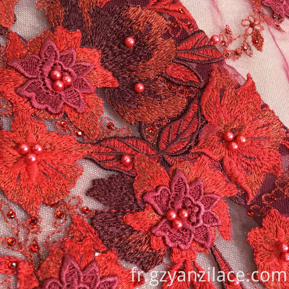 Red Handwork Beaded Embroidery Fabric